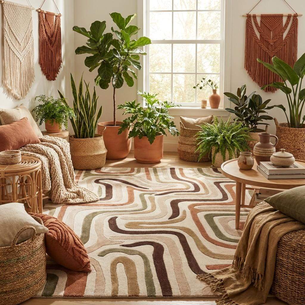 Hand tufted wool rug with retro wavy abstract pattern in neutral earthy tones for mid century modern living room decor