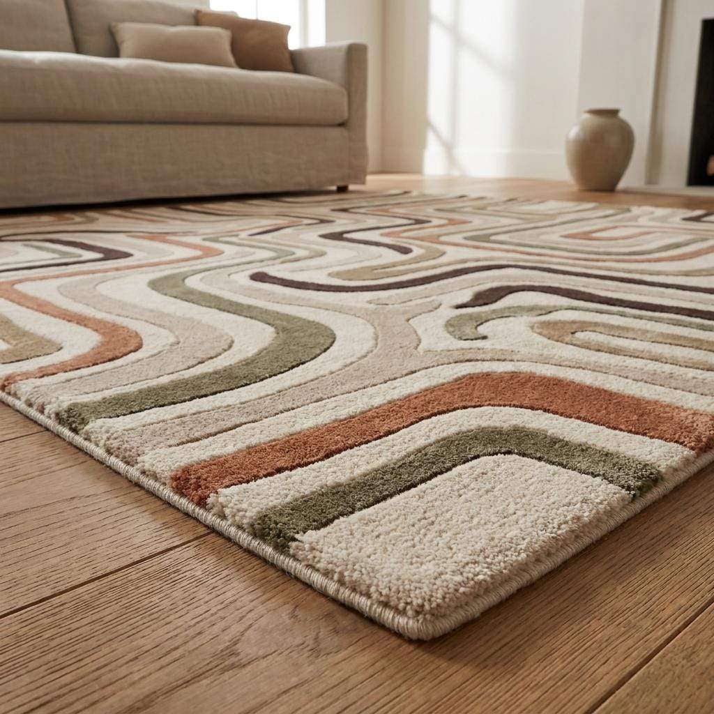 Hand tufted wool rug with retro abstract wavy pattern in neutral earthy tones for modern living room decor
