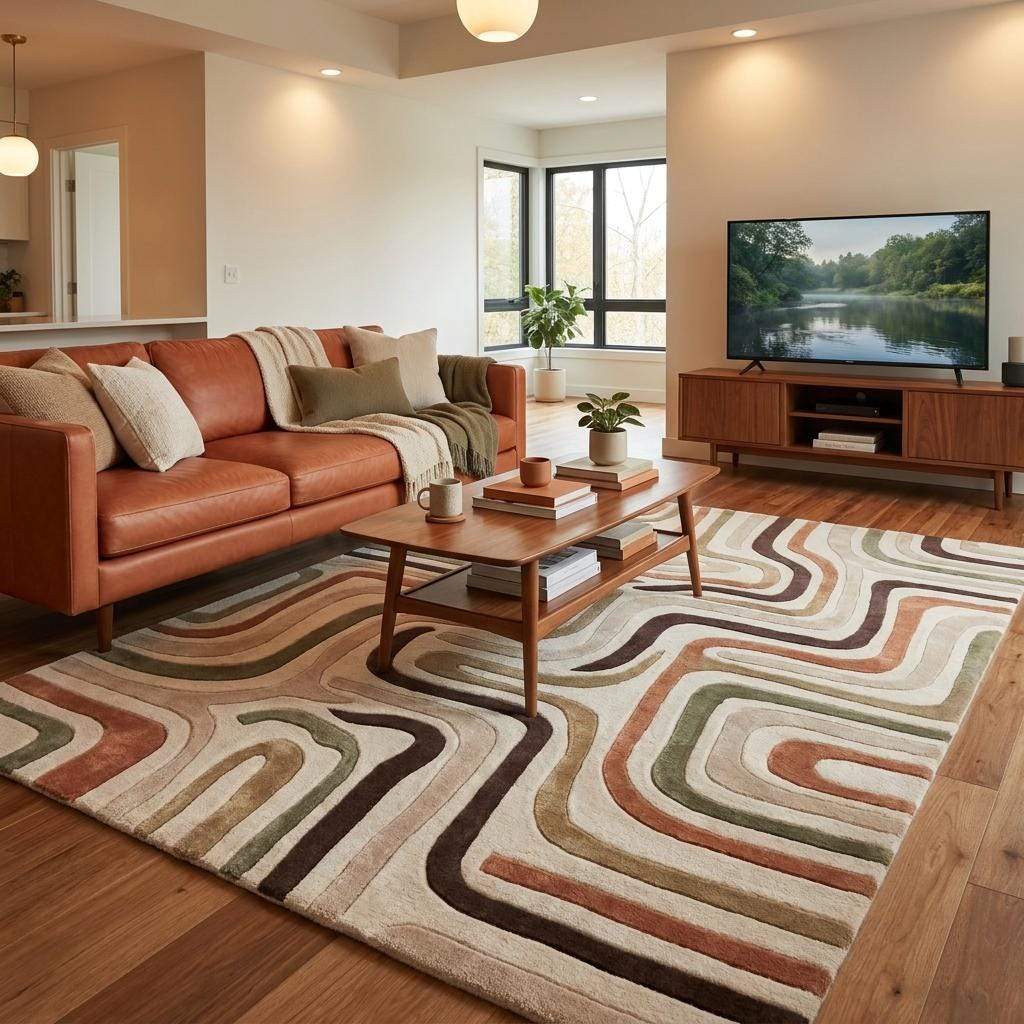 Hand tufted wool rug with retro wavy abstract pattern in neutral earthy tones for living room decor