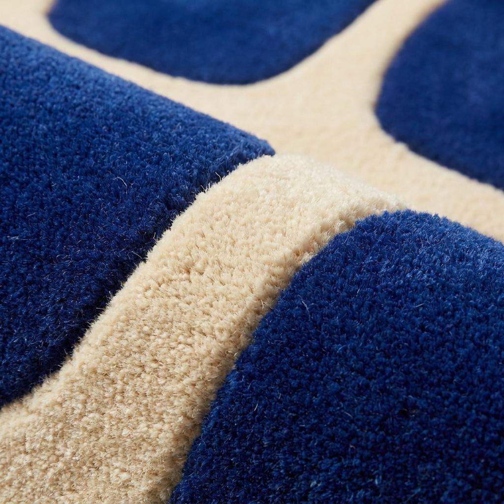 Close-up view of plush wool cut pile showing hand tufted texture, dense fibers, soft surface, and geometric pattern details __etsy:8131748417