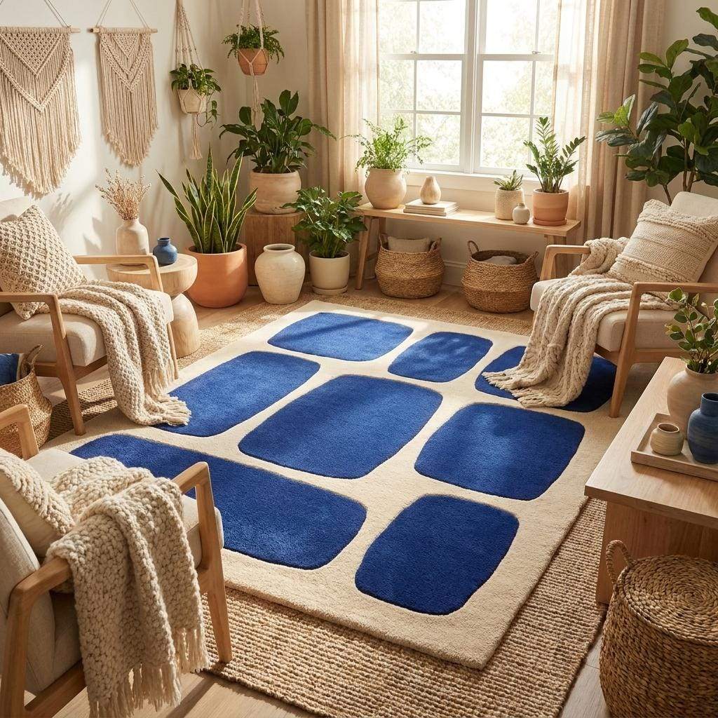 Contemporary blue and ivory wool carpet creating a bold focal point in a minimalist Scandinavian-inspired interior __etsy:8131748387