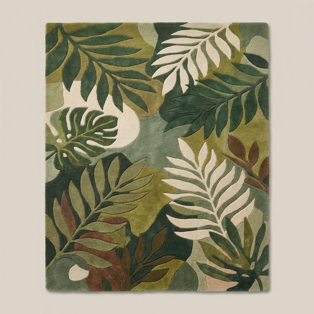 Modern green botanical area rug featuring tropical leaves and natural color palette for contemporary interiors