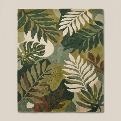 Modern green botanical area rug featuring tropical leaves and natural color palette for contemporary interiors
