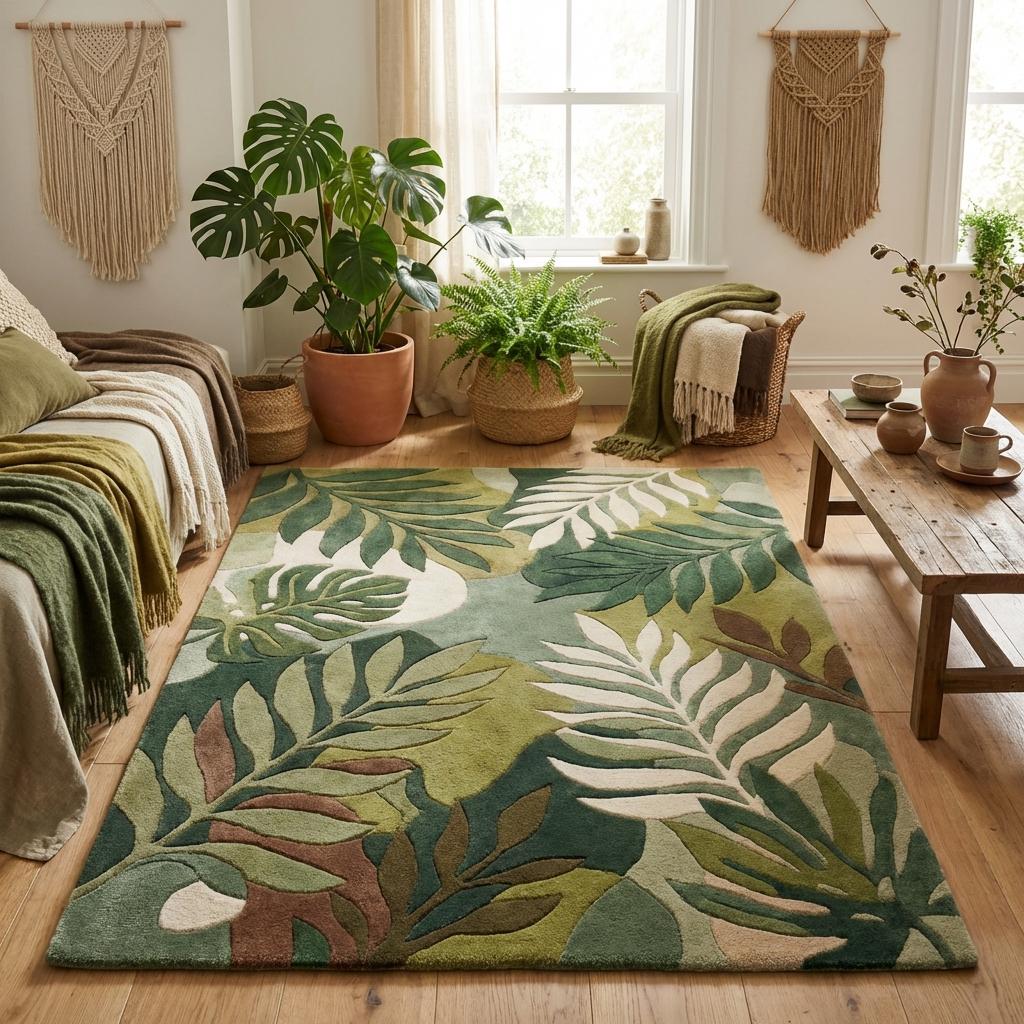 Large botanical leaf patterned hand tufted wool rug styled in mid century modern living room