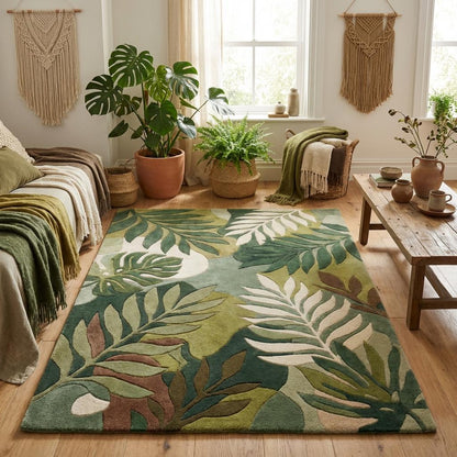 Large botanical leaf patterned hand tufted wool rug styled in mid century modern living room