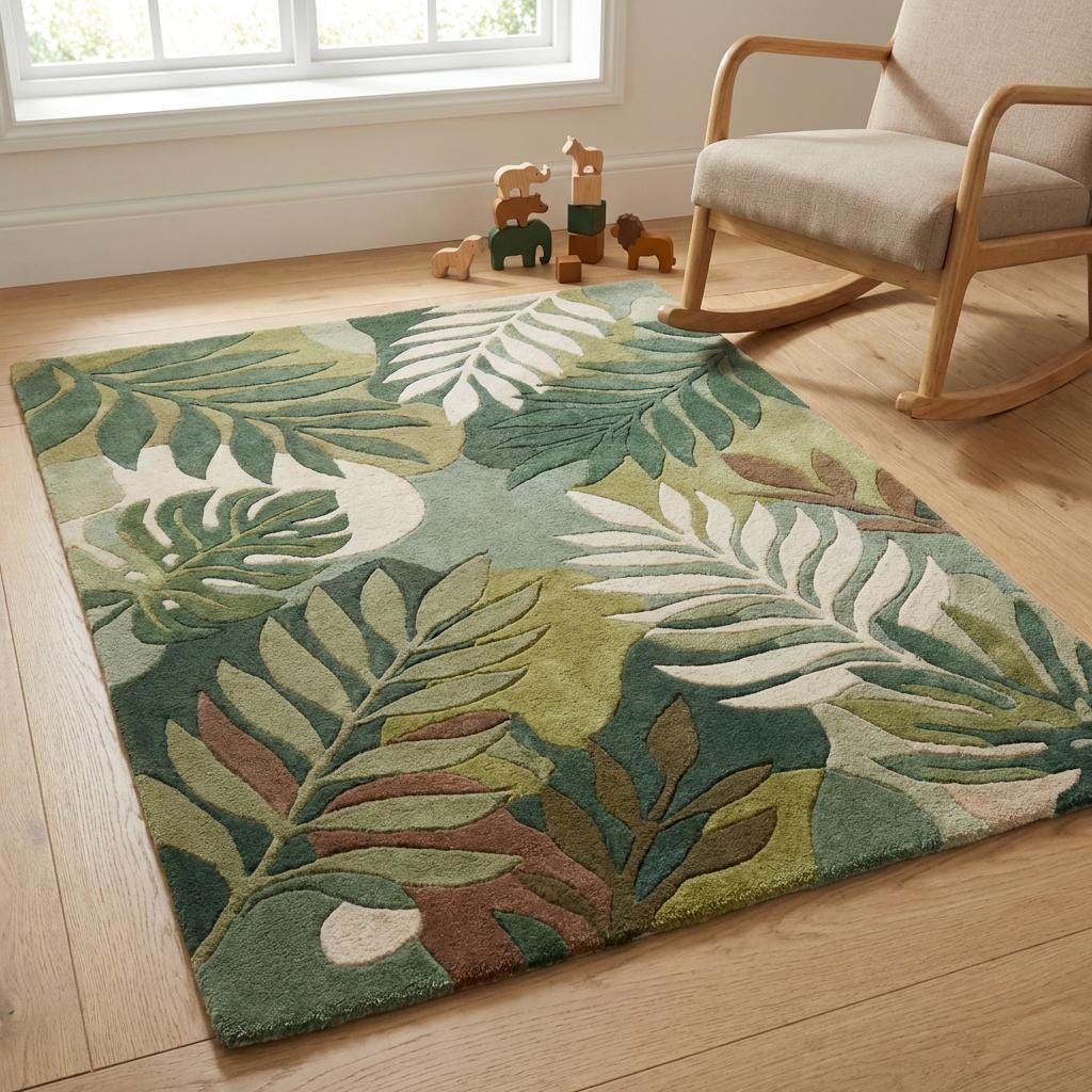 Nature inspired green wool tufted rug with layered foliage design and sculpted pile surface