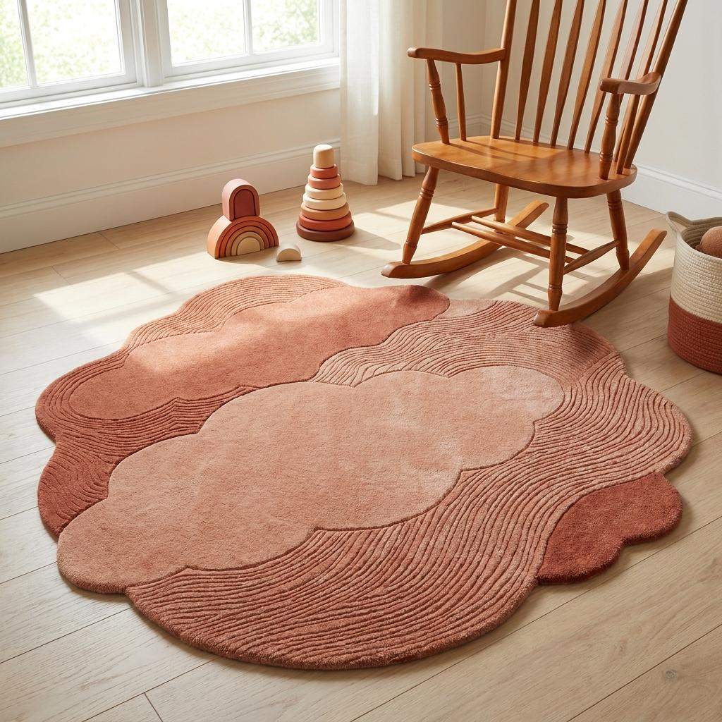 Organic modern wool blend rug featuring carved line artwork and soft earthy color palette __etsy:8053847913