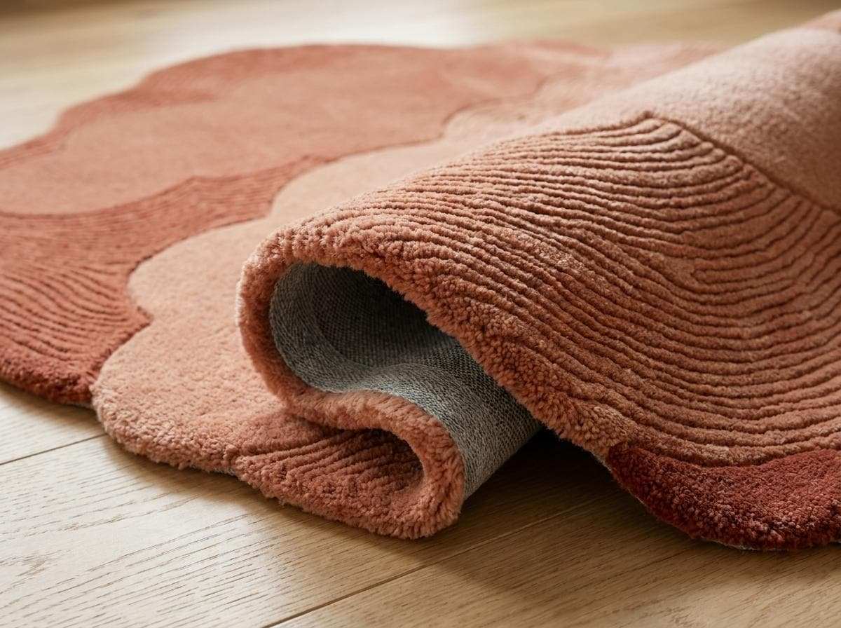 Close-up of hand tufted wool rug texture showing carved cut pile detailing and soft plush surface __etsy:8053847979