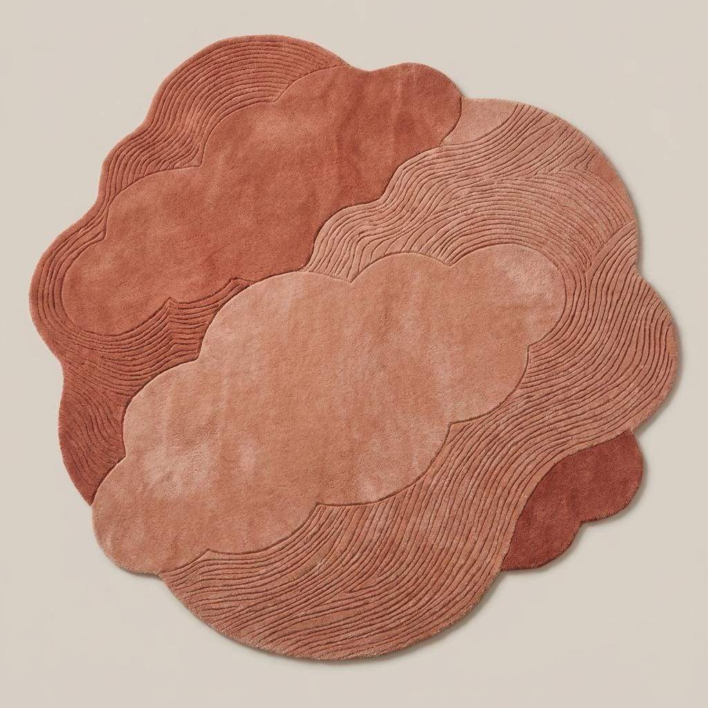 Modern abstract pink area carpet with organic curves beside boucle accent chair and neutral decor __etsy:8053847847