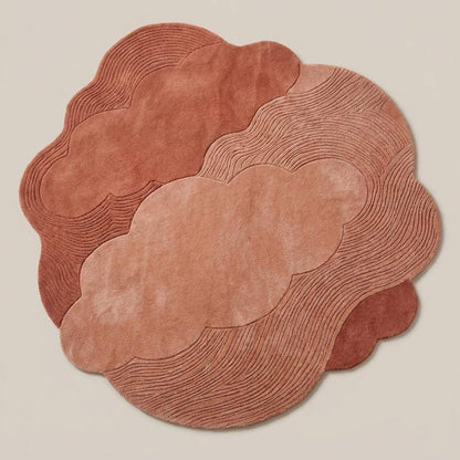 Modern abstract pink area carpet with organic curves beside boucle accent chair and neutral decor __etsy:8053847847