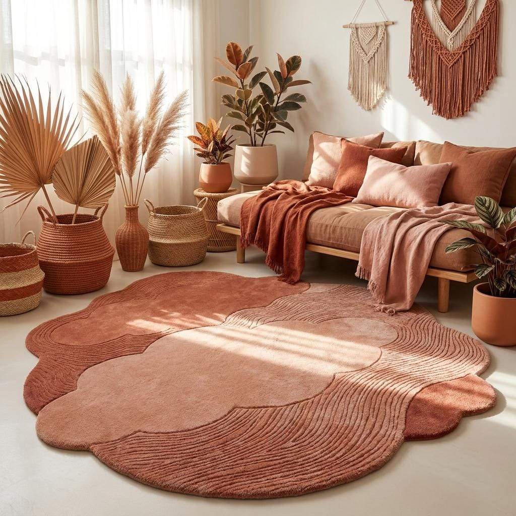 Contemporary blush pink hand tufted carpet with sculpted layered pattern for cozy bedroom interiors __etsy:8053847873