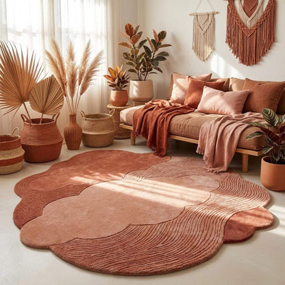 Contemporary blush pink hand tufted carpet with sculpted layered pattern for cozy bedroom interiors __etsy:8053847873
