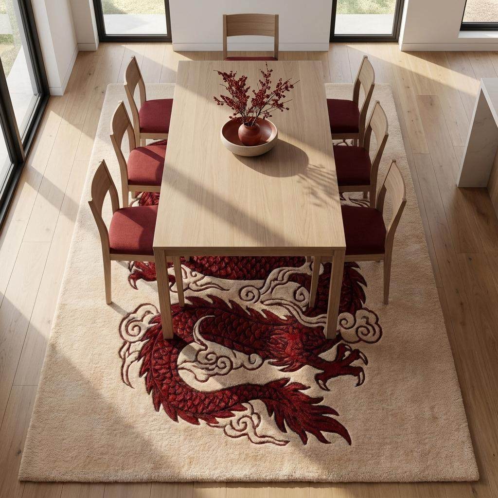 Hand Tufted Dragon Rug, Red Oriental Carpet for Living Room, Japanese Style Area Rug, Gothic Decor __etsy:8063144908