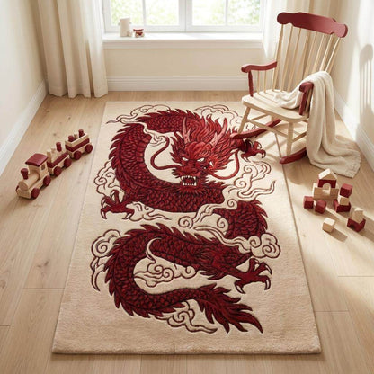 Statement hand tufted carpet with bold dragon motif designed for modern Asian inspired interior decoration __etsy:8063144942