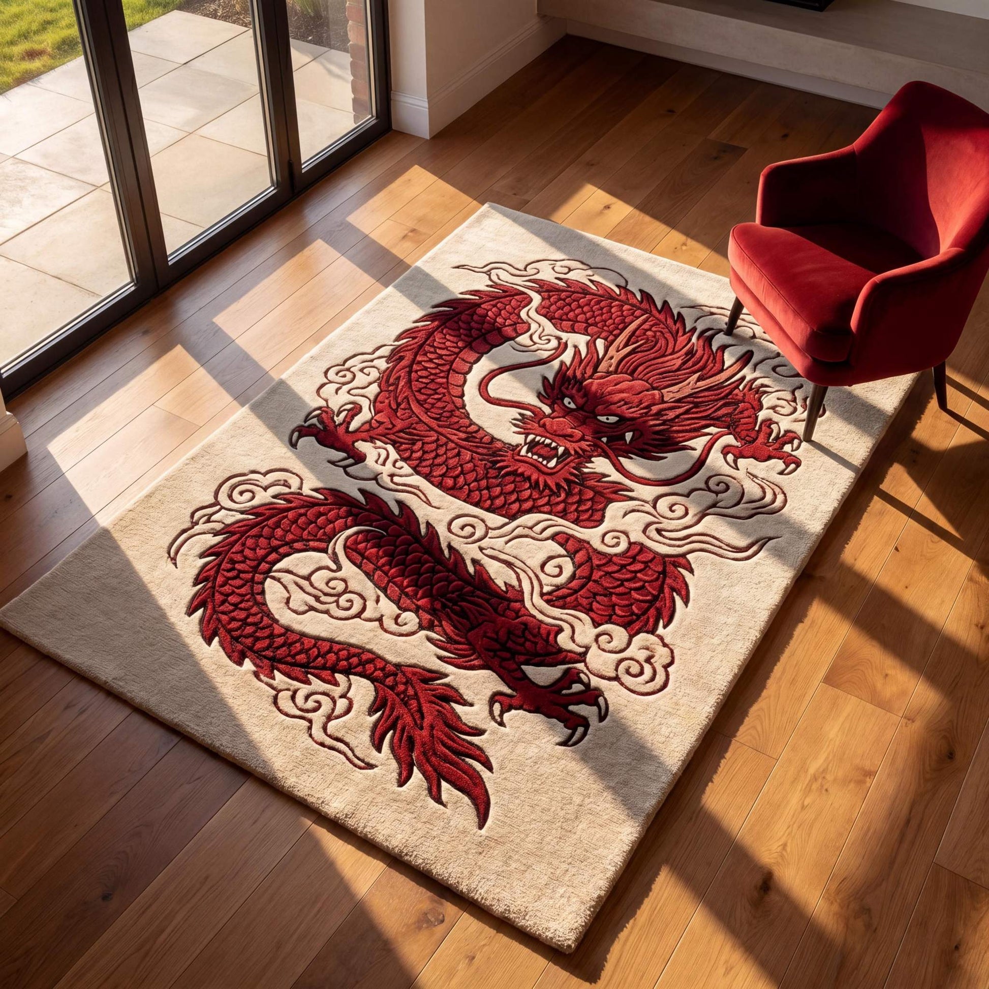 Hand tufted red dragon rug with Japanese inspired oriental artwork on ivory background for living room decor __etsy:8111062265