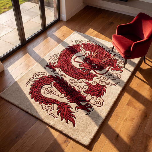 Hand tufted red dragon rug with Japanese inspired oriental artwork on ivory background for living room decor __etsy:8111062265