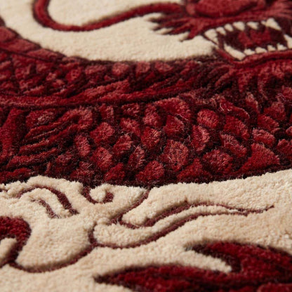 Close-up of wool hand tufted rug texture showing carved dragon details, dense cut pile, and handmade fiber finish __etsy:8063144944