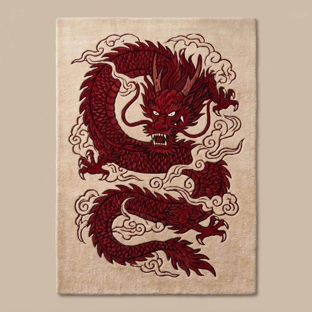 Asian dragon carpet featuring deep red mythical artwork with cloud accents for gothic and fantasy interiors __etsy:8111062401