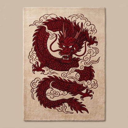 Asian dragon carpet featuring deep red mythical artwork with cloud accents for gothic and fantasy interiors __etsy:8111062401
