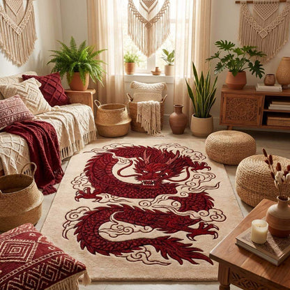 Handmade oriental style rug with dramatic dragon illustration for gaming room, studio, or bedroom decor __etsy:8111062407