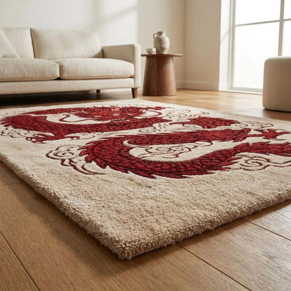 Hand Tufted Dragon Rug, Red Oriental Carpet for Living Room, Japanese Style Area Rug, Gothic Decor __etsy:8063144900