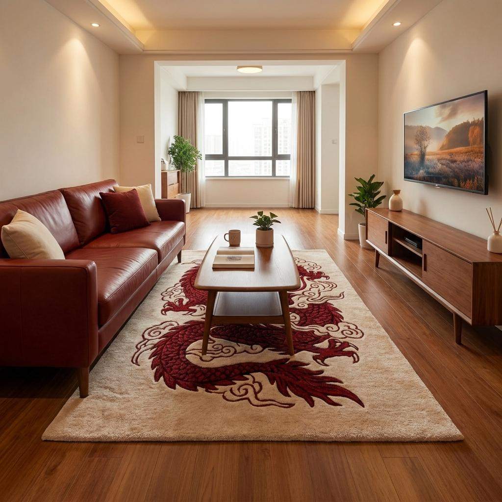 Red and ivory fantasy area rug with detailed Japanese dragon artwork and thick tufted wool surface __etsy:8063144906