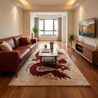 Red and ivory fantasy area rug with detailed Japanese dragon artwork and thick tufted wool surface __etsy:8063144906
