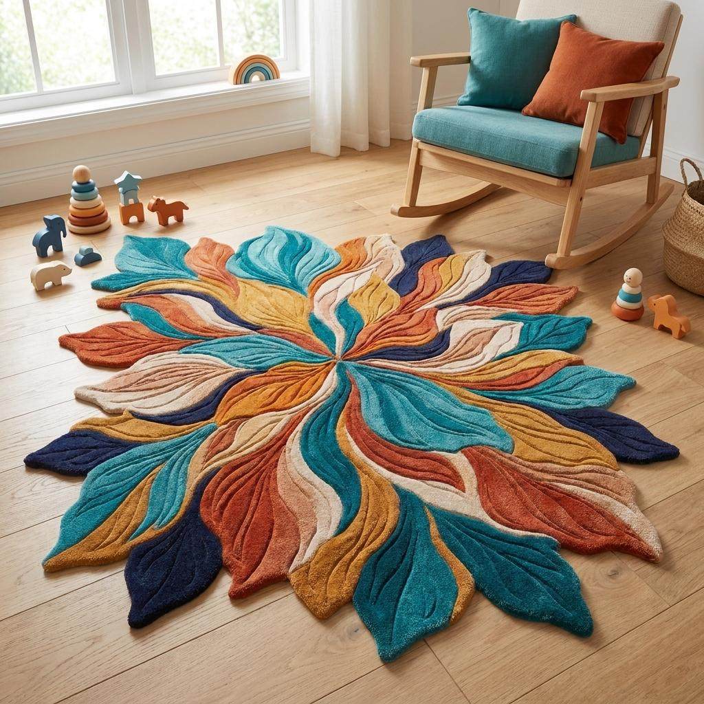Hand Tufted Floral Area Rug, Abstract Leaf Carpet, Modern Sculpted Wool Rug for Living Room Home Decor __etsy:8131806023