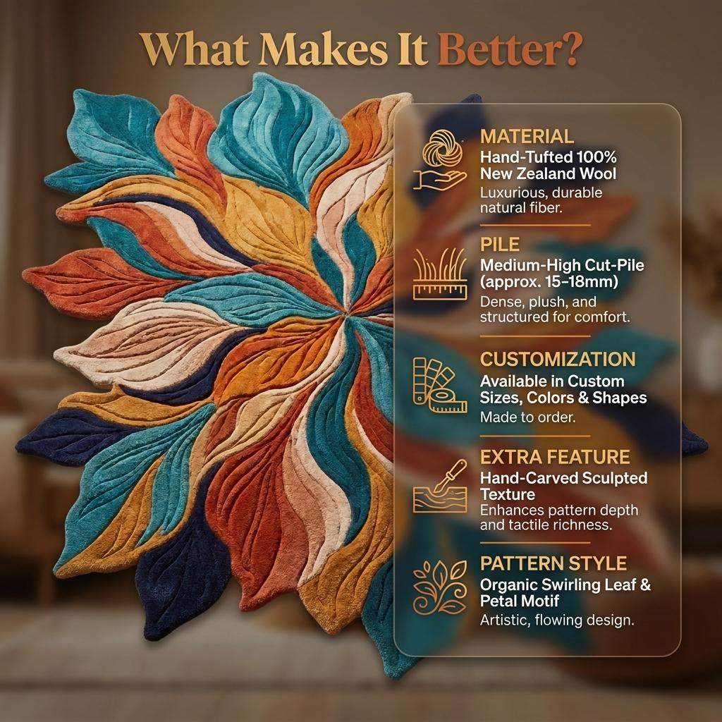 Hand Tufted Floral Area Rug, Abstract Leaf Carpet, Modern Sculpted Wool Rug for Living Room Home Decor __etsy:8083894834
