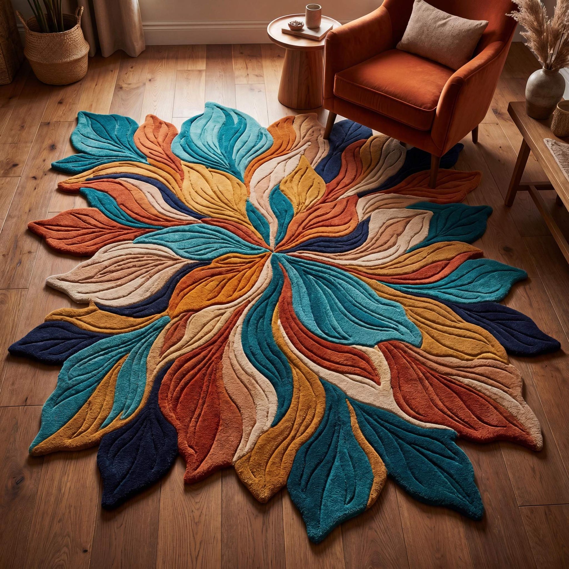 Hand tufted floral wool rug featuring abstract leaf petals in teal blue, rust orange, mustard and ivory for modern living room decor. __etsy:8083894626