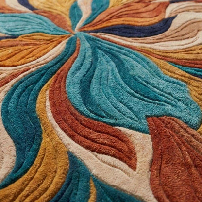 Close-up of hand tufted wool rug showing carved cut pile texture, sculpted floral detailing and premium handmade construction. __etsy:8131806017