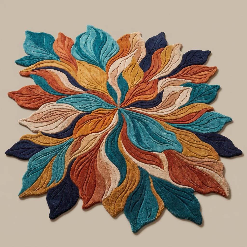 Modern abstract floral area rug with dimensional leaf pattern and colorful artisan design styled in a contemporary interior. __etsy:8083894722