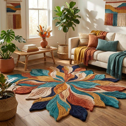 Colorful botanical hand tufted rug featuring organic leaf motifs and sculpted texture for artistic interior styling.r. __etsy:8083894784