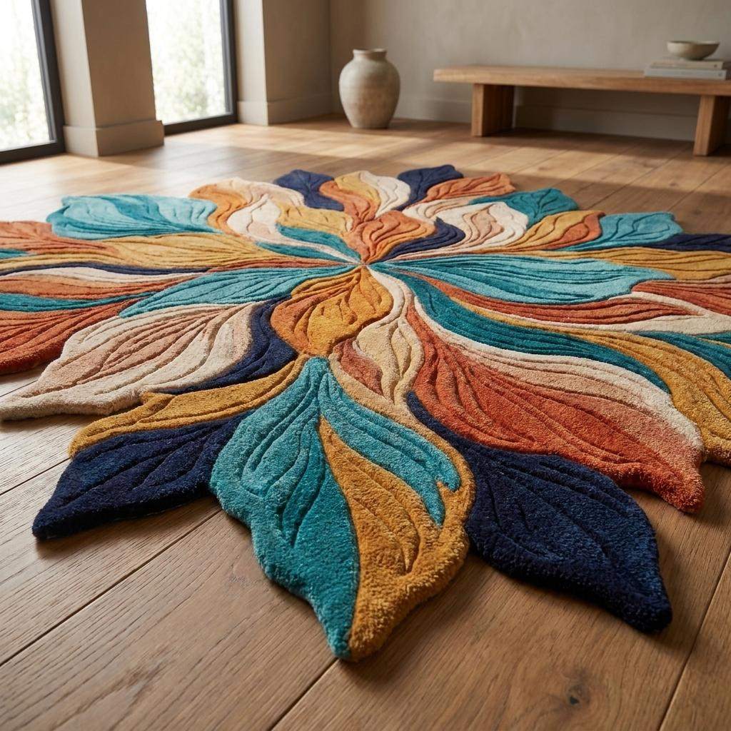 Contemporary wool carpet with layered floral design, carved details and vibrant teal, rust and gold color palette. __etsy:8131805991