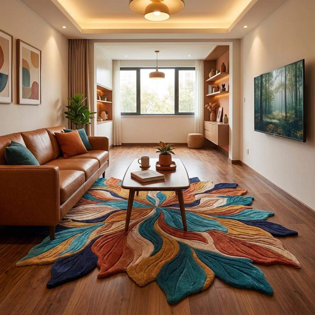 Statement hand tufted area rug designed for living room, bedroom or reading nook with artistic floral leaf pattern. __etsy:8083894766