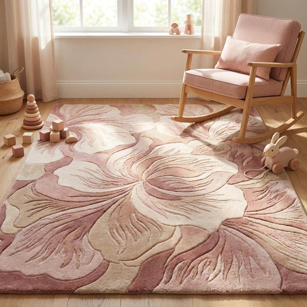 Contemporary floral area rug in muted pink tones styled under chair creating warm and elegant home aesthetic __etsy:7917475165