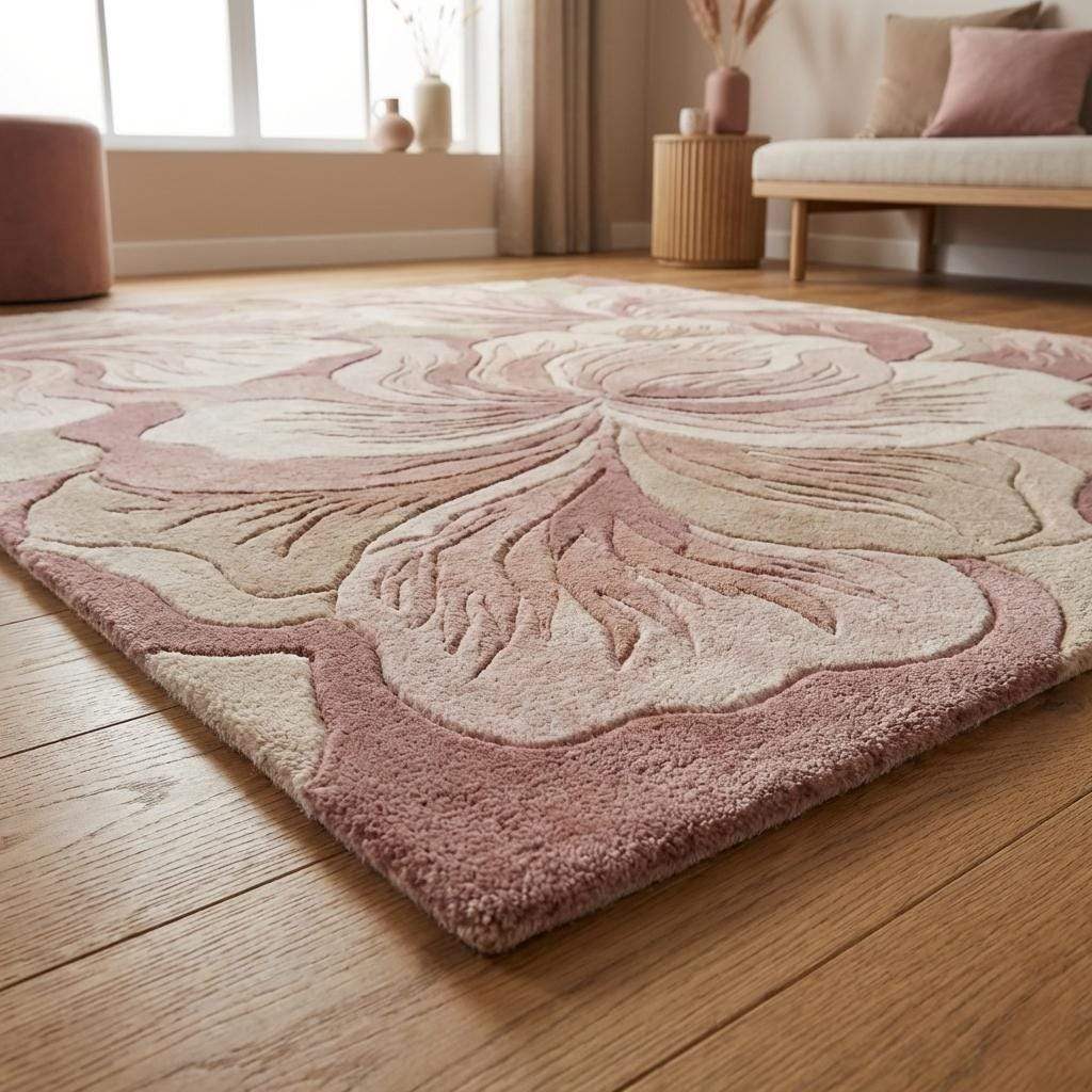 Hand Tufted Floral Area Rug Pink Wool Carpet, Modern Sculpted Botanical Living Room Rug, Blush Beige Bedroom Decor __etsy:7917475131