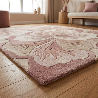 Hand Tufted Floral Area Rug Pink Wool Carpet, Modern Sculpted Botanical Living Room Rug, Blush Beige Bedroom Decor __etsy:7917475131