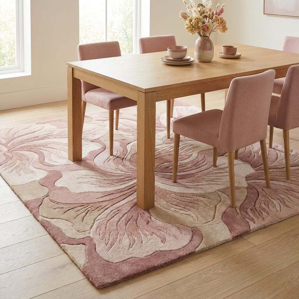 Hand Tufted Floral Area Rug Pink Wool Carpet, Modern Sculpted Botanical Living Room Rug, Blush Beige Bedroom Decor __etsy:7917475153
