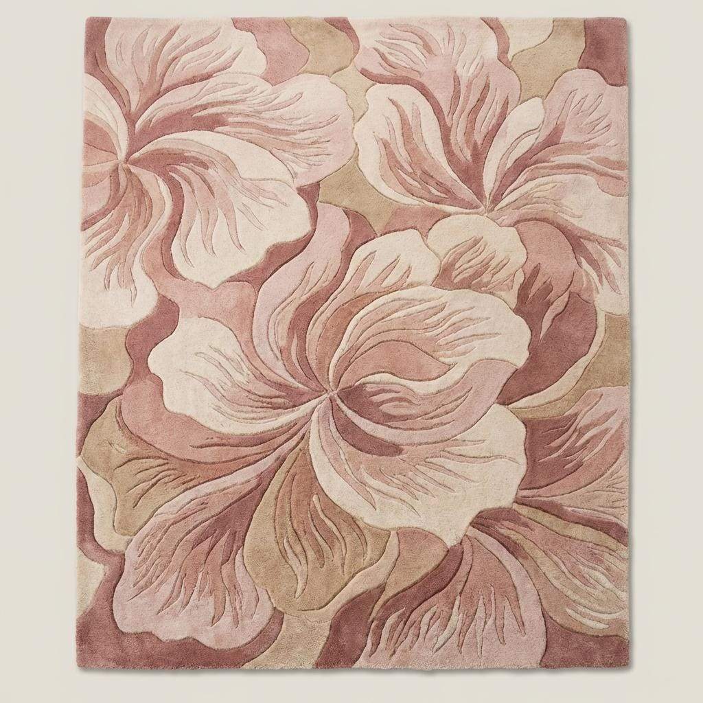 Modern pink floral area rug with large botanical design spread across wooden floor in bright interior space __etsy:7869521222