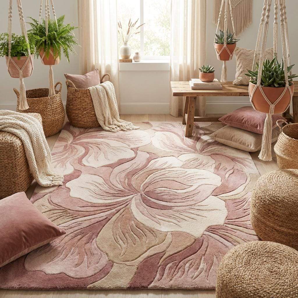 Blush pink and beige tufted wool carpet with sculpted floral shapes adding depth and dimension to home decor __etsy:7869521276