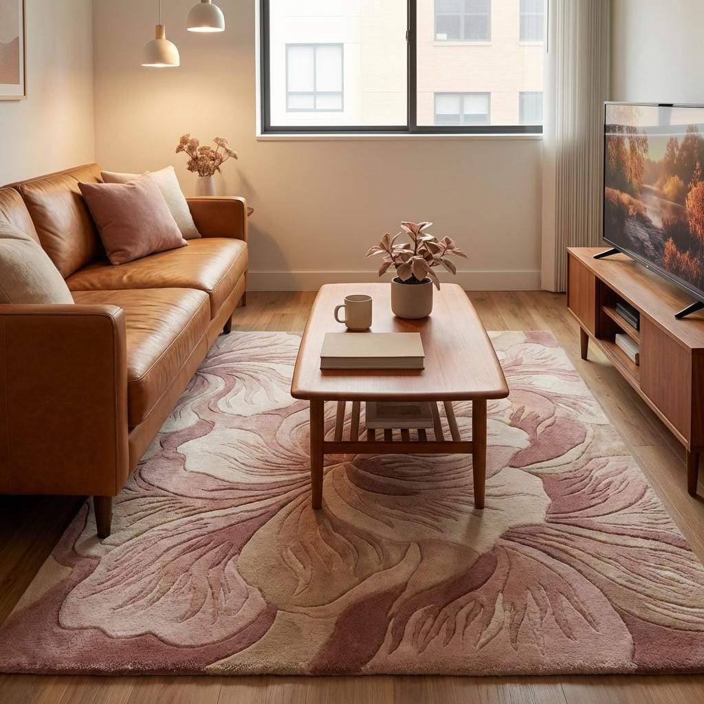 Soft wool hand tufted rug with oversized floral pattern ideal for bedroom or cozy living room styling __etsy:7917475147