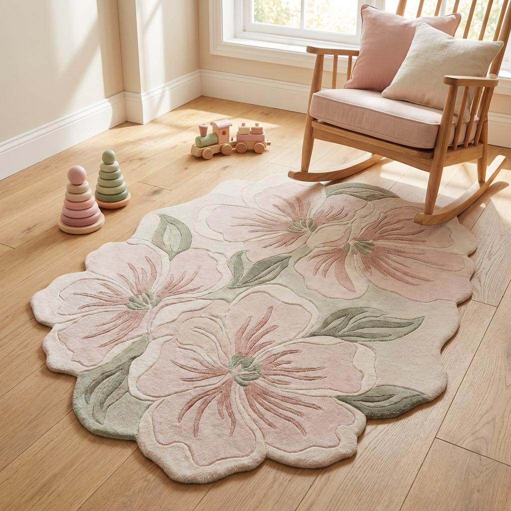 Luxury hand tufted pink floral area rug with dimensional carving and soft wool texture on wood flooring __etsy:8070348529