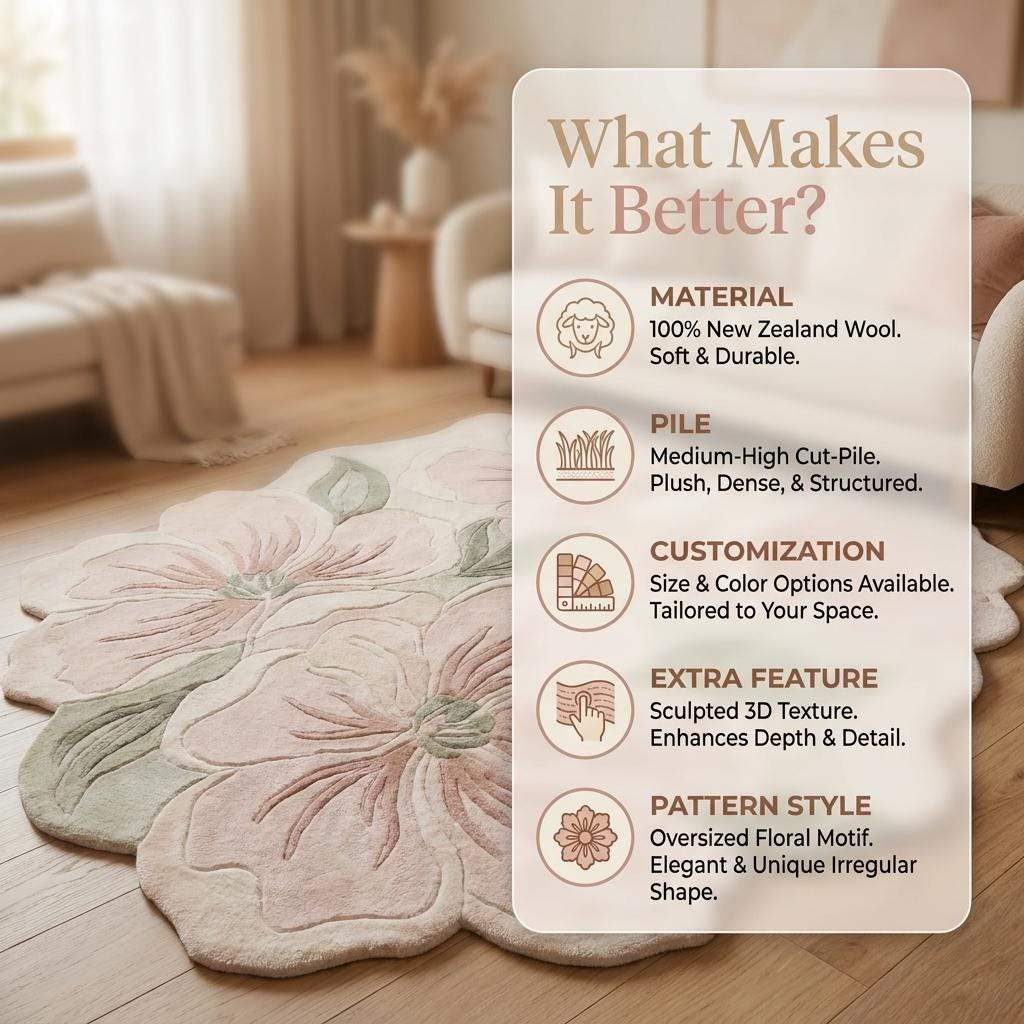 Hand Tufted Floral Rug, Irregular Flower Carpet for Living Room, Pink Botanical Area Rug Home Decor __etsy:8022433544