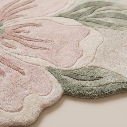 Close-up of hand tufted wool rug showing carved floral texture, soft cut pile, and raised botanical detailing __etsy:8022433516