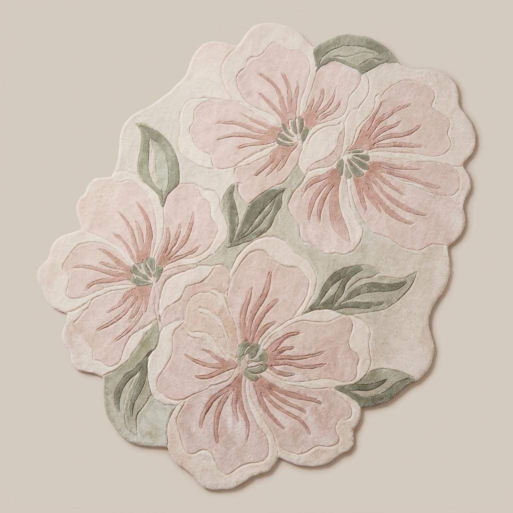 Irregular botanical area rug in blush pink and ivory styled with curved sofa and pastel accent chair __etsy:8070348403