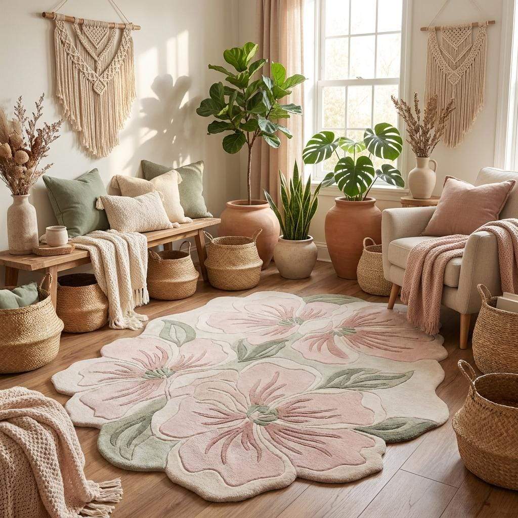 Modern flower shaped carpet with soft pastel tones designed for bedroom, nursery, or feminine decor __etsy:8022433458
