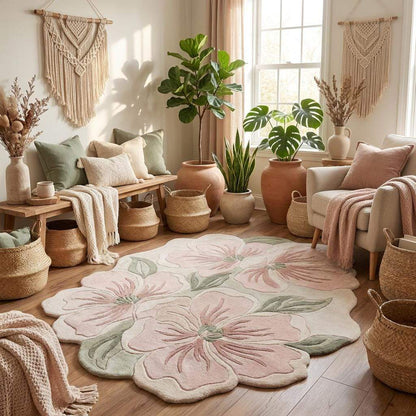 Modern flower shaped carpet with soft pastel tones designed for bedroom, nursery, or feminine decor __etsy:8022433458