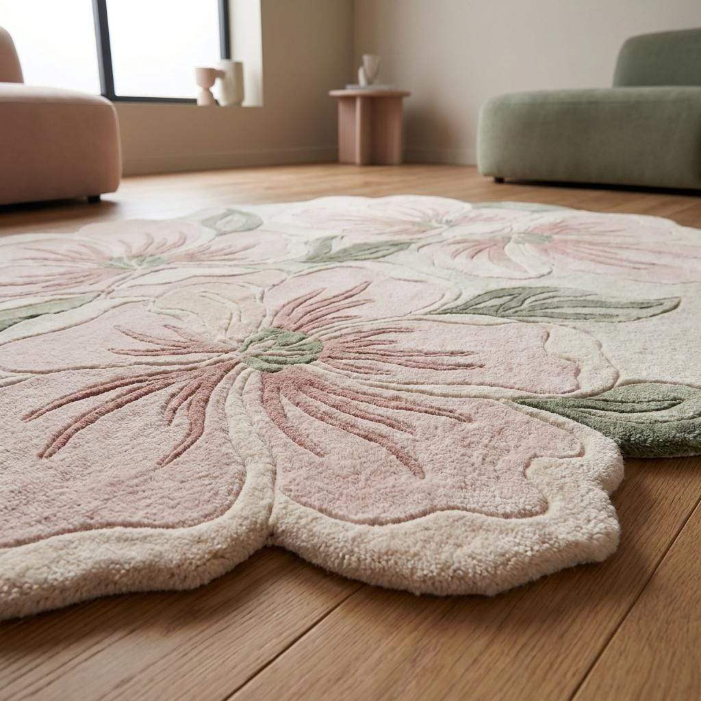 Hand Tufted Floral Rug, Irregular Flower Carpet for Living Room, Pink Botanical Area Rug Home Decor __etsy:8070348477