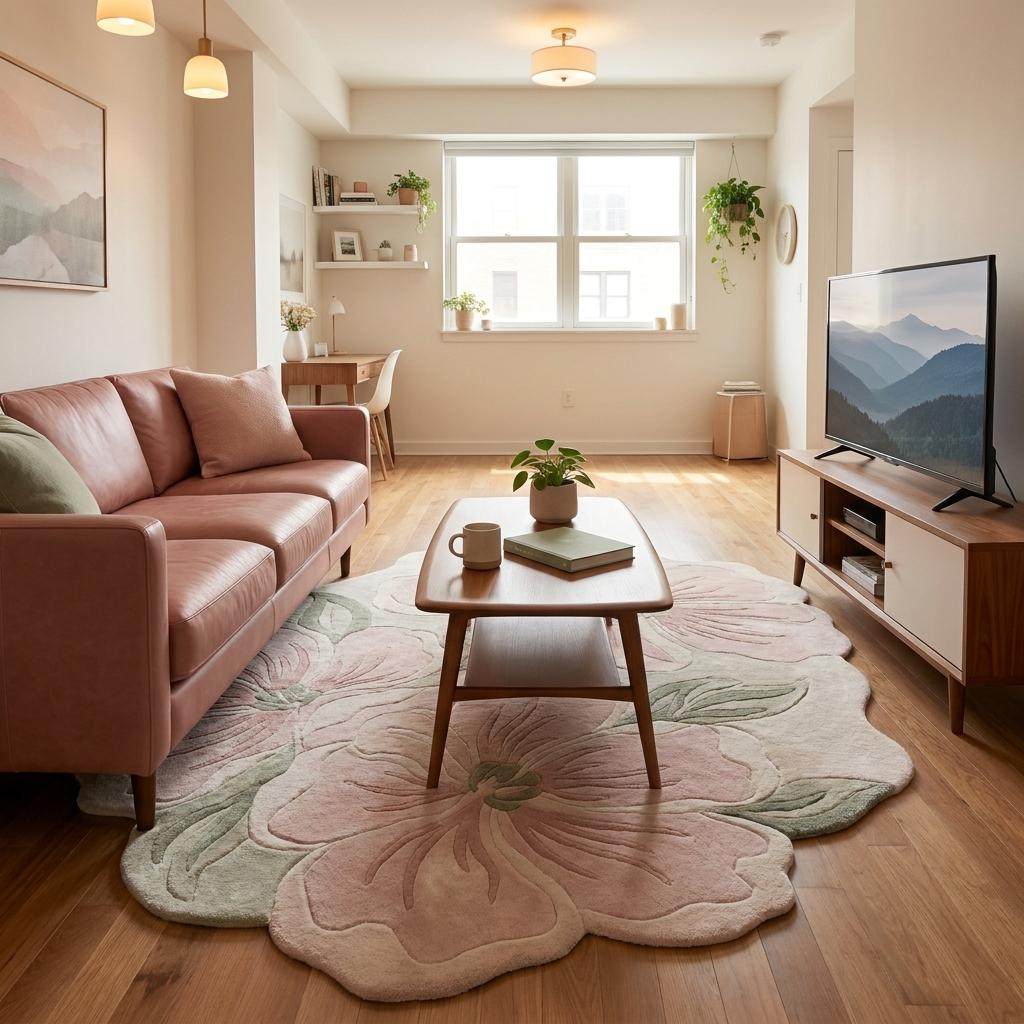 Handmade botanical wool rug featuring sculpted blossom artwork and organic floral silhouette for cozy interiors __etsy:8070348479